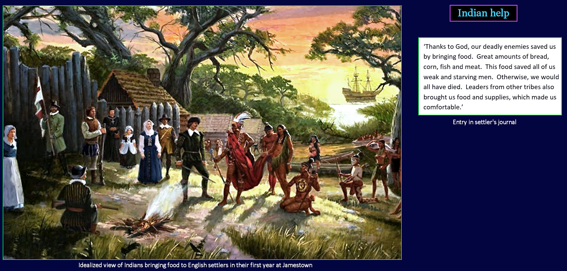 Jamestown Indians help colonists, 1610